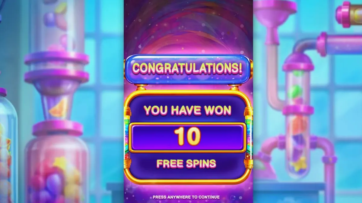 Tampilan antarmuka slot Sweet Burst dengan tema laboratorium permen futuristik
